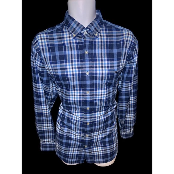 Vineyard Vines Shirt Mens LG Large‎ Dark Blue Check Tucker Beach Preppy - Picture 1 of 9